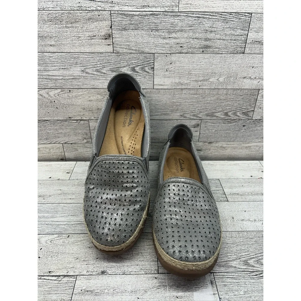 Women's Clarks Elaina Ruby Slip-On Leather Espadrille Shoes Silver Pewter Sz 6.5